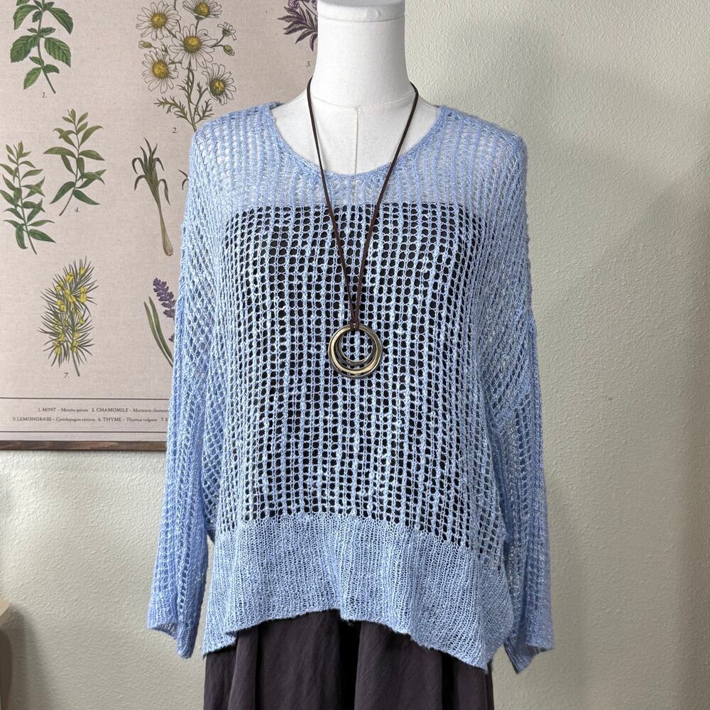 Blue Sheer Open Knit Boxy Top Lagenlook Coastal Grandma Fairy Grunge Mori Kei OS
